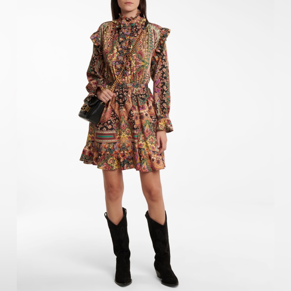 🔥100% Authentic ETRO Mixed Print Ruffle Trim Wool & Silk Dress/ size IT40/US4🔥